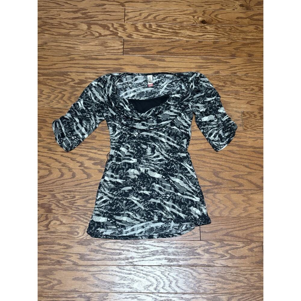 No Boundaries Women's Black Gray Camo Camouflage 3/4 Sleeve Cowl Neck Top, Sz XL